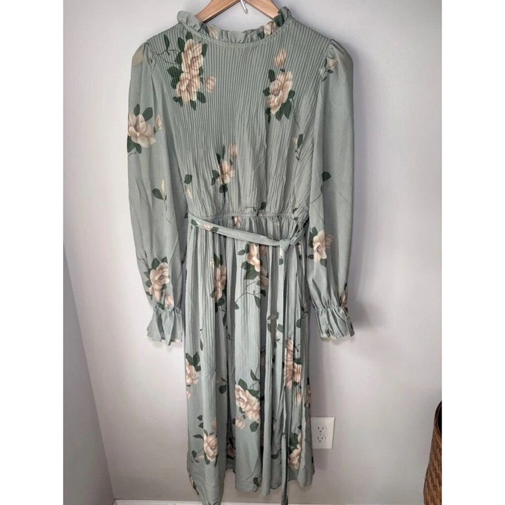 Anrabess Sage Green Floral Pleated Midi Dress Large